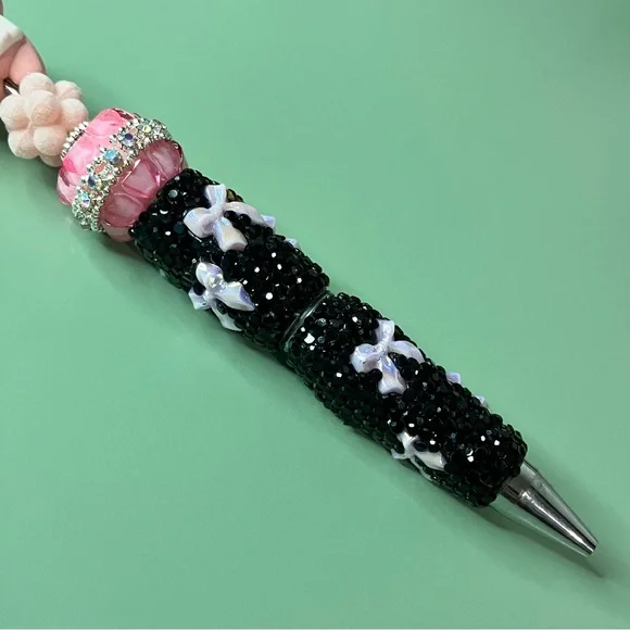 Cute Pink and Black Rhinestone Bow Bear Handmade Beaded Pen - Picture 4 of 6
